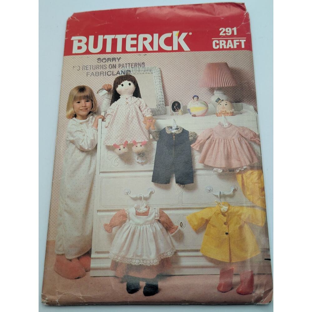 BUTTERICK 291 Craft Doll Clothes Sewing Pattern 19in Doll One Size Vintage Uncut